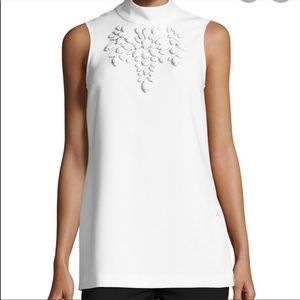Trina Turk Jaya Embellished Mock Neck White Top Modest Chic Minimalist Sz 8